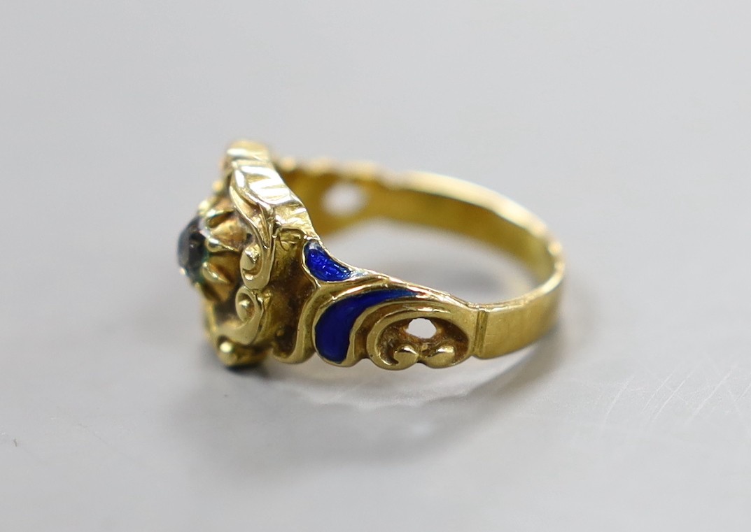 An early 19th century yellow metal (stamped 18), enamel and old cut diamond set ring, size J, gross weight 5.5 grams.